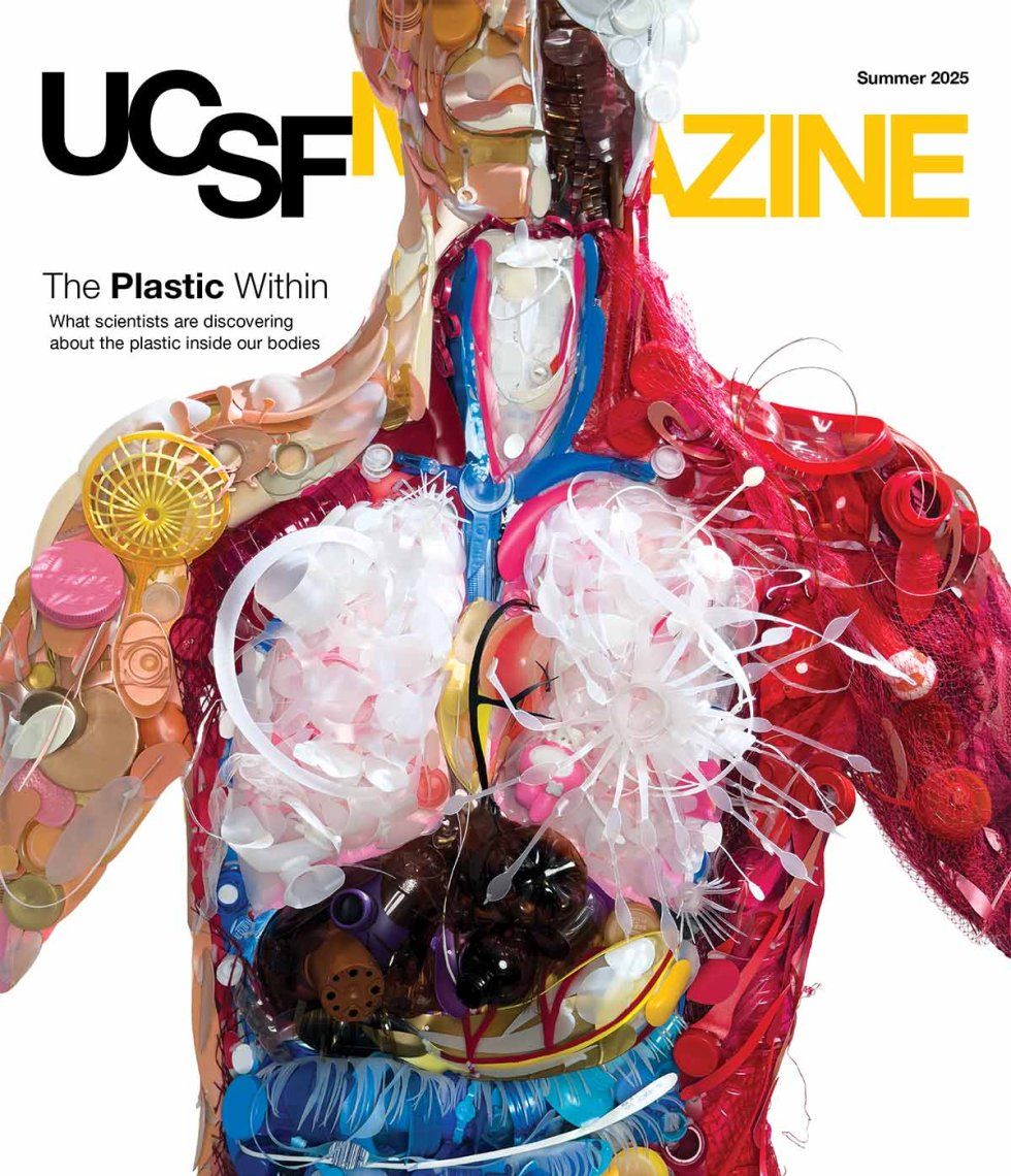 Cover of UCSF Magazine: top reads “UCSF Magazine, Summer 2025”. Text below reads: "The Plastic Within: What scientists are discovering about the plastic inside our bodies." Sculpture of the anatomical insides of a human body, made entirely out of pieces of colorful plastic. 
