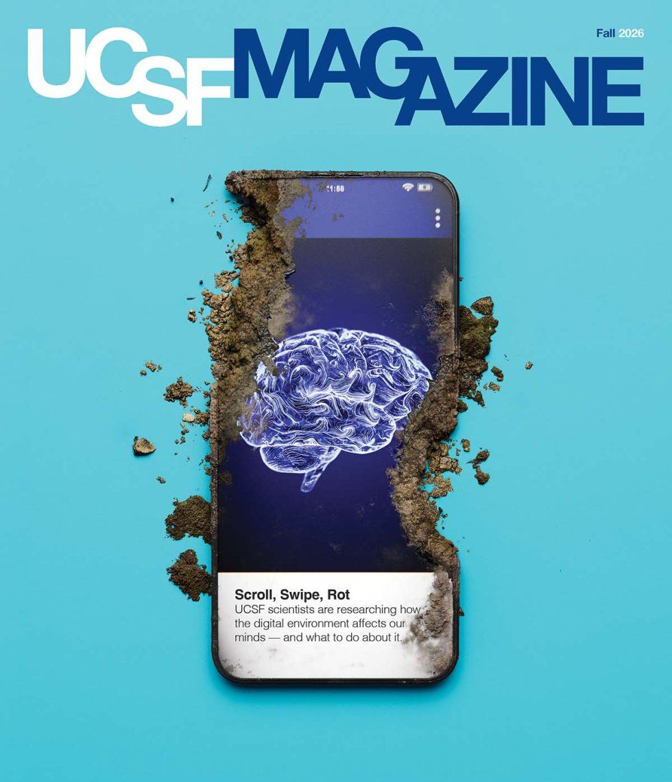 A smartphone, partially decaying and turning to soil, is displayed against a blue background. The screen shows a glowing brain graphic with the text: "Scroll, Swipe, Rot: UCSF scientists are researching how the digital environment affects our minds -- and what to do about it."