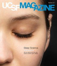 Cover of UCSF Magazine: top reads “UCSF Magazine, Summer 2021”. Closeup photo half of a woman’s face, with her eye closed. Text on her cheek reads “Sleep Science Awakens: Can our genes point the way toward a better night’s sleep?” 