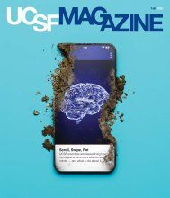 A smartphone, partially decaying and turning to soil, is displayed against a blue background. The screen shows a glowing brain graphic with the text: "Scroll, Swipe, Rot: UCSF scientists are researching how the digital environment affects our minds -- and what to do about it."