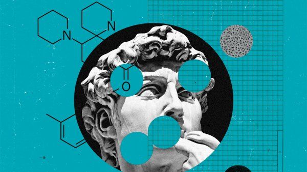 Photo illustration of Michelangelo's David with circle cut-outs of cell imagery, molecule formations, and grid pattern.