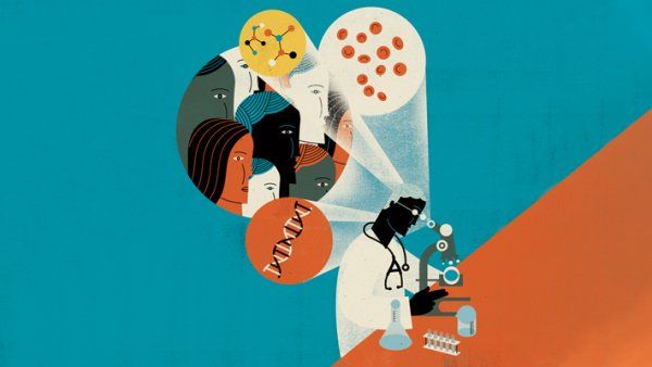 Illustration of person in lab coat at a microscope. The microscope has images popping out of it: blood cells, double helix, molecules, and a group of diverse people.
