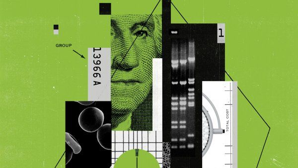 Conceptual photo illustration of cut-outs of George Washington on the dollar bill, cells, hypodermic needs, grids, lines, boxes, number, and pills.