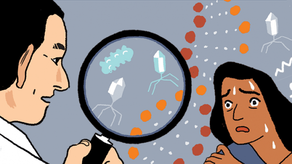 Male doctor in lab coat looking at organisms and dna through a magnifying glass; woman sweating and looking distressed.
