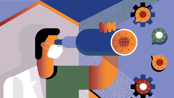 Illustration depicting a physician or scientist with a telescope with a coronavirus symbol.