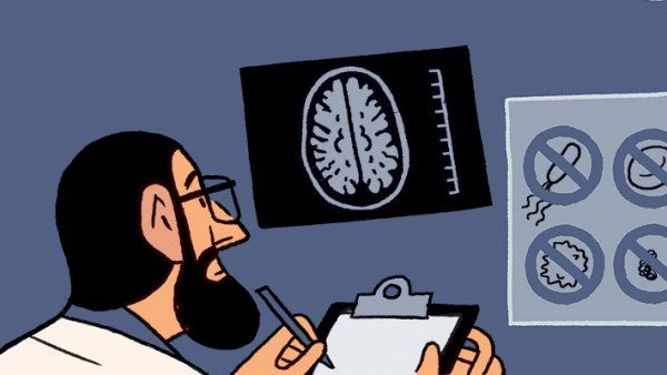 Illustration of a male doctor holding a clipboard and pen, looking at brain scans on a wall.