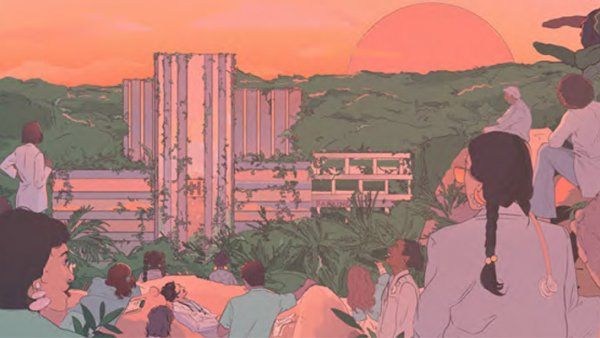 Illustration of crowd of people looking out over a foliage covered building, as the sun sets behind it.