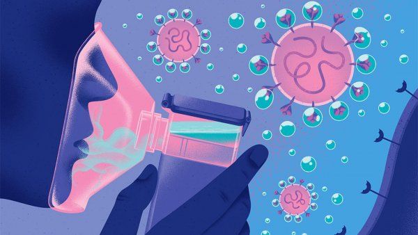 Illustration of a person using a handheld nebulizer inhaler; SARS-CoV-2 cells are floating in the background and bubble surround some of their ACE2 receptors.