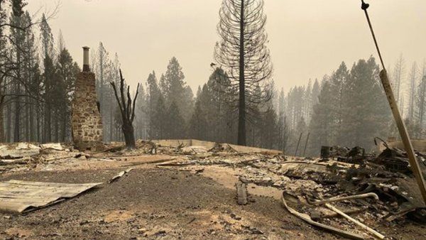 fire-ravaged buildings with mostly foundations left