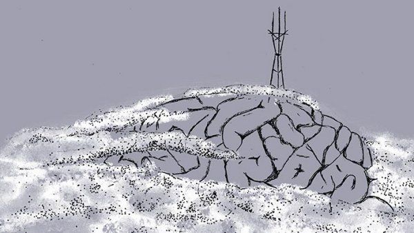 Illustration of Parnassus Heights depicted as a brain; Sutro Tower sits on top and fog floats around the brain hill; bottom right corner reads “UCSF Neuroscience”