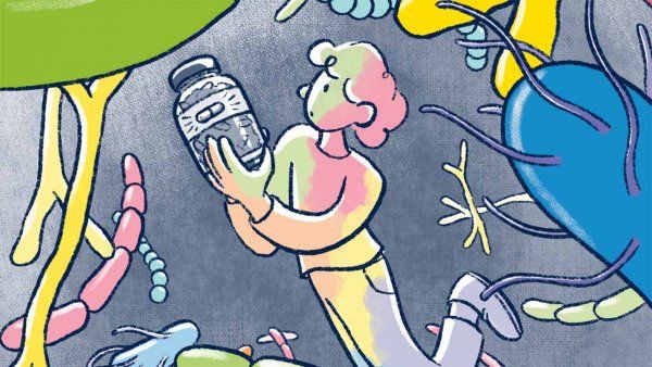 Illustration of a rainbow colored person holding a probiotics pill bottle, floating through a sea of bacterium in the microbiome. 