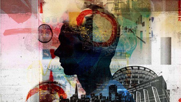 Photo collage shows a silhouetted profile of a young man, brain scans cover the top of his head; the background is filled with colorful brain scans and the San Francisco skyline and the Zuckerberg San Francisco General Hospital Trauma Center.