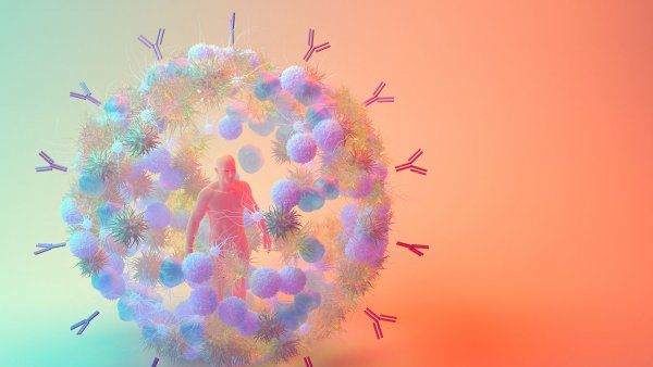 3-D illustration of a man surrounded by a sphere of immune cells and antibodies, resembling a coronavirus.