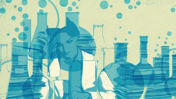 Illustration of science beakers and a female scientist looking stressed.