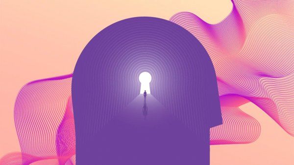 Illustration of a silhouette of a human head. Inside a person walks through a keyhole shaped door.