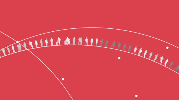 Illustration of intertwining circles with silhouettes of a diverse groups of people on one circle.