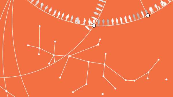 Illustration of intertwining circles with silhouettes of a diverse groups of people along the circles with a constellation of connected dots in the middle.