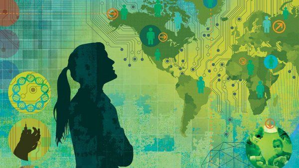 Illustration of the silhouette of a woman in a lab coat looking up at a world map with data points.