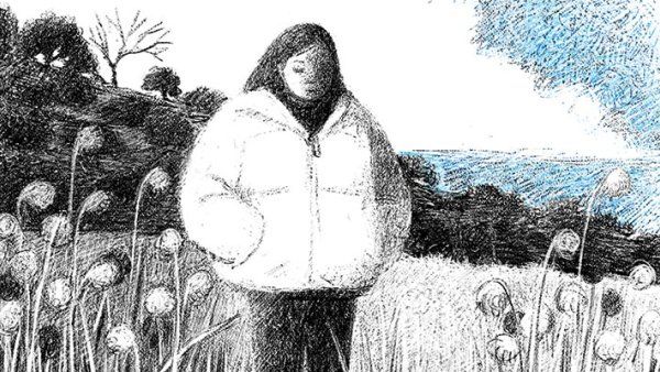 Illustration of a woman in a puffy winter coat standing by a pond.