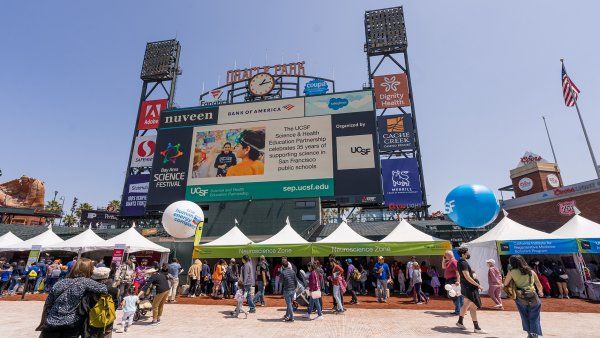 scoreboard at Oracle Park during the Bay Area Science Festival Discovery Day