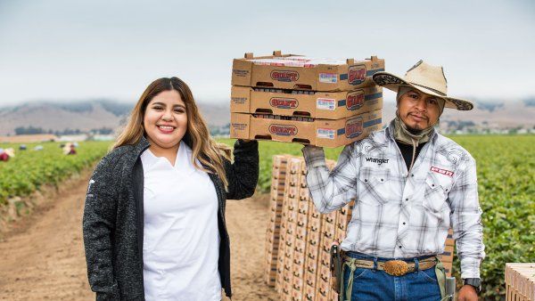 A nursing student on the left and an agricultural worker hold up boxes of fruit
