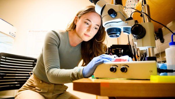 Margaux Pinney looks at a device resting under a microscope