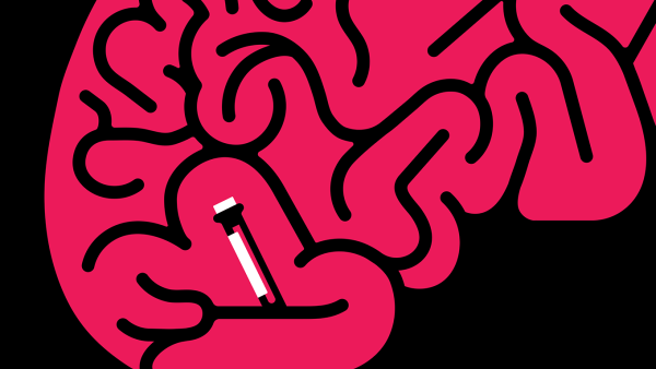 Illustration of a brain with a test tube in the foldsIllustration of a brain with a test tube in the folds