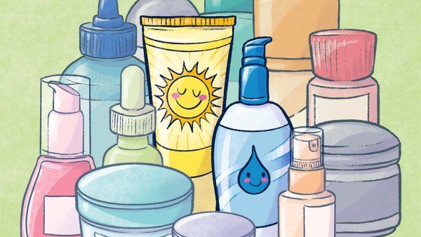 Illustration of a many skin care bottles and products. A tube with a sun and a bottle with a water drop standout.