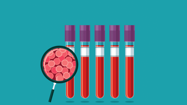 A graphic illustration of a magnifying glass looking at red blood cells in sample tubes.
