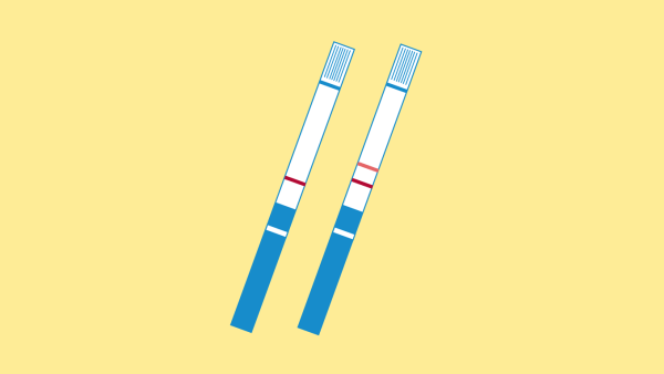 Illustration of two fentanyl test strips. One red line indicates a positive test for fentanyl, while two red lines indicates a negative test.