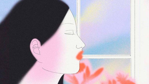 Illustration in a dreamy style, of the side profile a woman with her eyes closed and her hands to her chest, looking calm and meditative. Behind her is a window frame with blue and purple skies and pink and red flowers blooming.