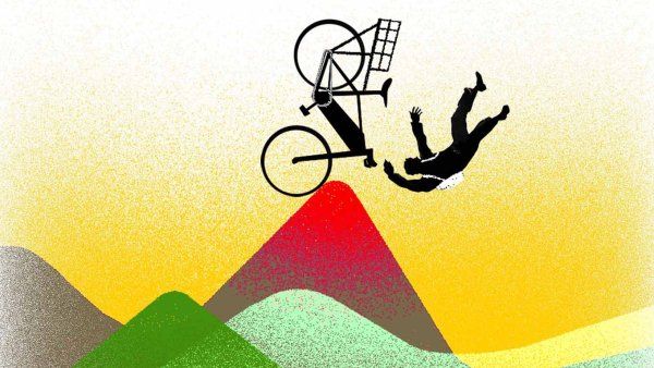 Illustration of the silhouette of a cyclist flipped upside down, falling from a bicycle against a backdrop of stylized, colorful rolling hills with a vibrant yellow sky.