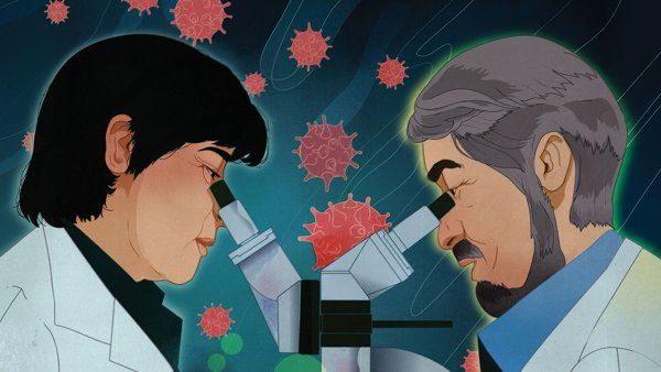 Illustration of two scientists studying viruses under a microscope.