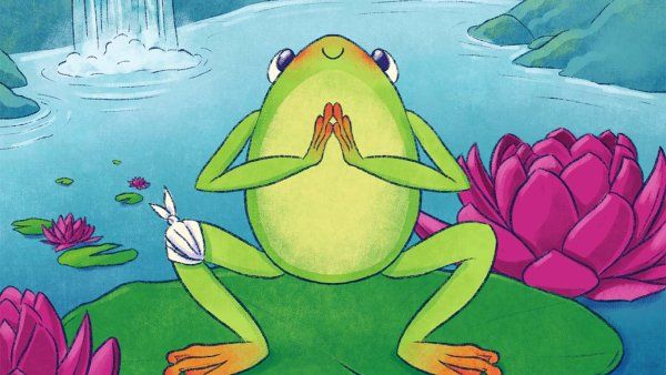 A cartoon frog squats on a lily pad, with hands together in a meditative pose. A bandage is on its knee.