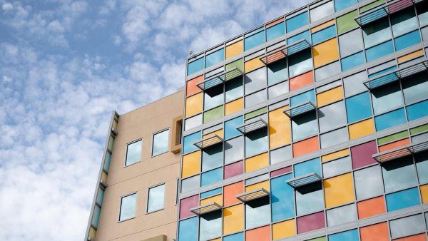 Exterior shot of a multi-colored window facade at U C S F Benioff Children's Hospital, Oakland.