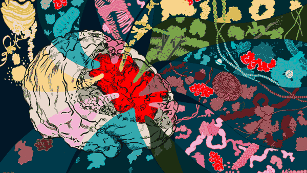 A graphic illustration depicting different cells and proteins in a brain, all of which can be targeted by immunotherapy.