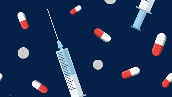 A graphic illustration of pills and syringes