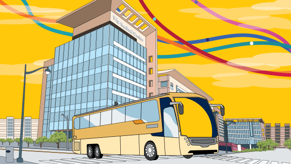 Illustration of Mission Bay building and Uber shuttle bus