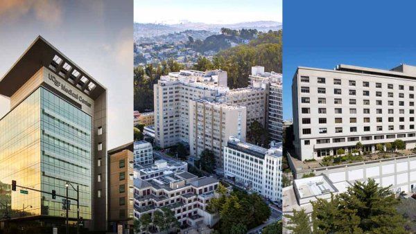 Composite photo of the U C S F hospitals in Mission Bay, Parnassus Heights, and St. Mary's Medical Center.