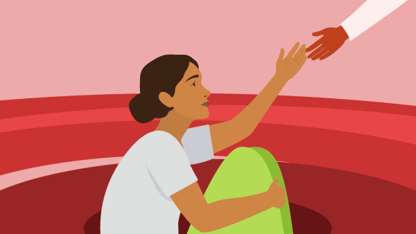 A graphic illustration showing a metaphorical representation of a woman being helped out of depression by a doctor.