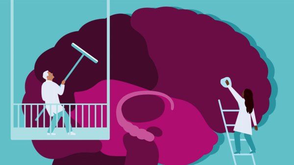 illustration of a giant brain being tended to by two people in the manner of window washers