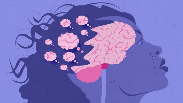 Illustration of a person's profile, showing the brain partially fragmented into smaller pieces