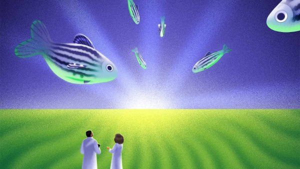Illustration of two scientists wearing white lab coats standing in a green field with a glowing horizon line. The sky is a deep purple with zebrafish swimming toward the horizon.
