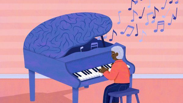 Illustration of an older woman playing a brain-shaped piano.