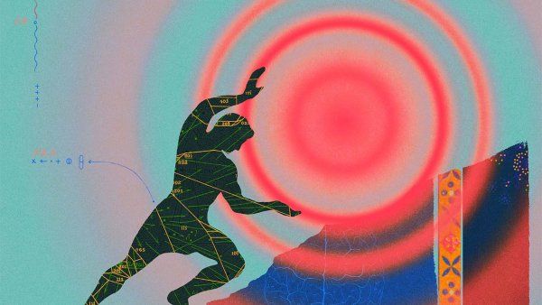 Collage-style illustration of the silhouette of a man pushing a pulsating red dot up a mountain. Collaged diagrams of brains make up the mountain.