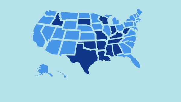 A graphic map of the United States highlighting fourteen states that have abortion bans: Alabama, Arkansas, Idaho, Indiana, Kentucky, Louisiana, Mississippi, Missouri, Oklahoma, South Dakota, Tennessee, Texas, West Virginia, and Wisconsin.
