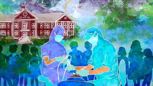 Colorful watercolor, collage-style illustration of a red school building and a dentist and dental hygienist perform dental work; in the background are the silhouettes of young school children.