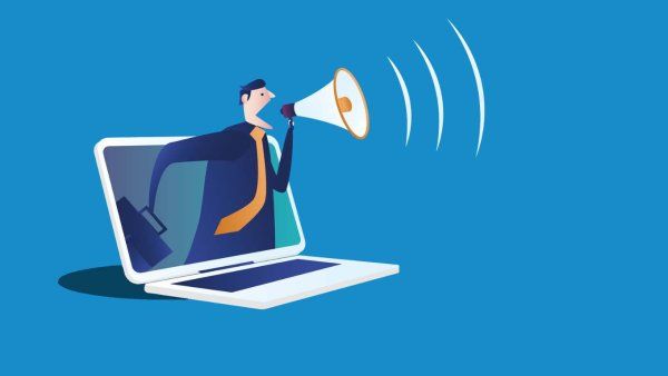 Man with megaphone emerging from laptop screen, shouting.