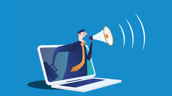 Man with megaphone emerging from laptop screen shouting.