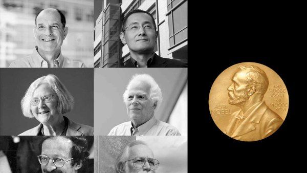 A composite image showing photos of U C S F Nobel Lauretes, including David Julius, Shinya Yamanaka, Elizabeth Blackburn, Stanely Prusiner, Harold Varmus, and J. Michael Bishop.